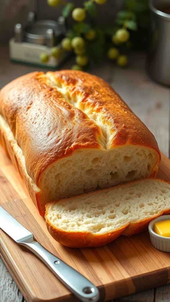 Homemade Sandwich Bread Recipe Freshly baked sandwich bread loaf sliced on a wooden board with butter.